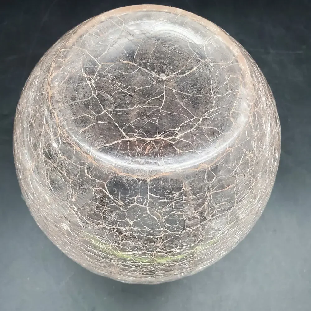 Vintage Light Pink Crackle Glass Vase Hand Blown Art Glass Rounded